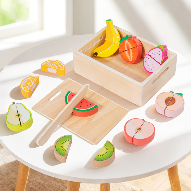 Kids Toys Kitchen Set - 木製カット＆スタンプ食品シミュレーションセット、子供向けごっこ遊び用、マジックテープ付きキッチンキット、赤ちゃんの認知教育玩具