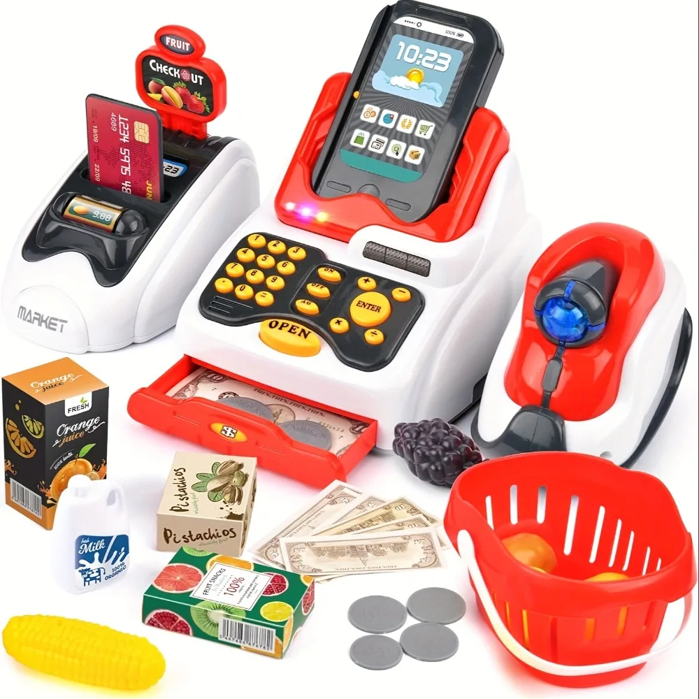 Toy Cash Register - 33 個のおもちゃのレジ、子供用チェックアウトスキャナーフルーツカードリーダークレジットカードマシンプレイマネー食品ショッピングプレイセット