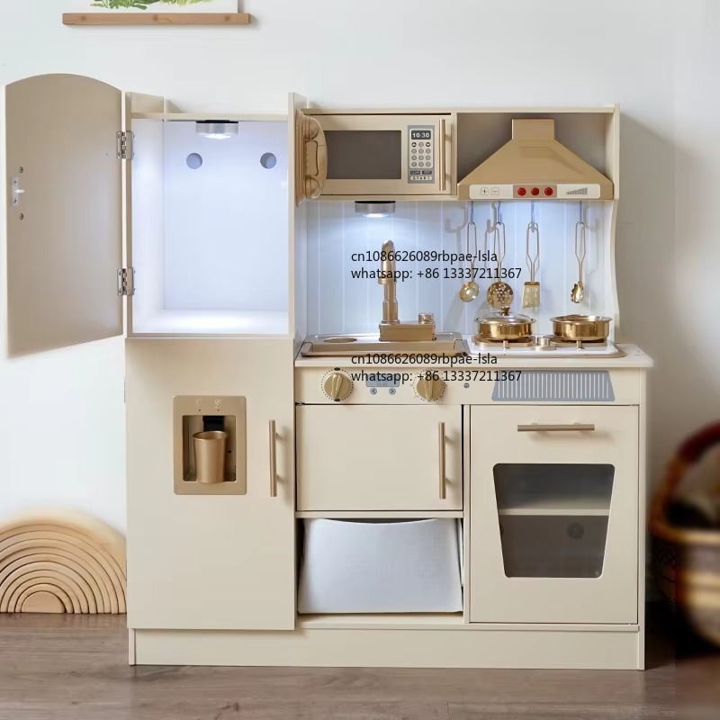木製ごっこ遊びクッキングセット、リアルな光と音の電子レンジシ - Kids Toys Kitchen Set のレビューと価格